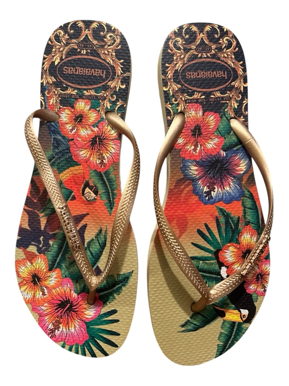 Havaianas Gold-Strap Tropical Floral Flip Flops Sz 11 EUR 41/2